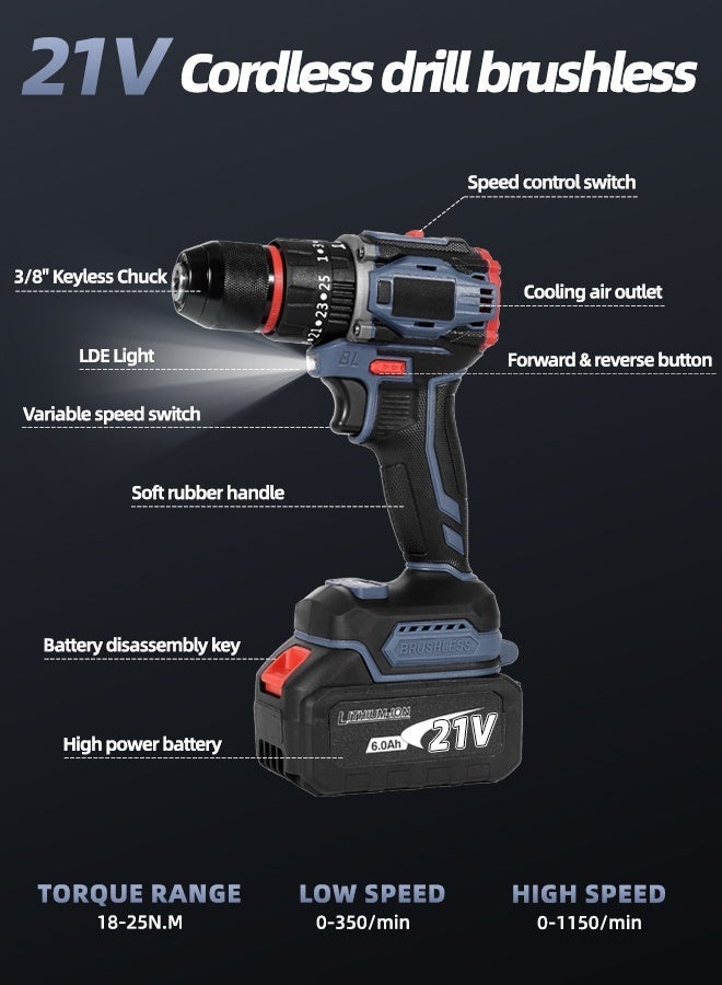 ALongDeng 21V Cordless Brushless Power Tool Set (3-in-1) - Impact Drill (23 Torque 1150RPM) +300N·m Impact Wrench  125mm Angle Grinder (9500RPM) with 6.0Ah Lithium Battery Storage Case for Home Repair DIY  Light Construction - Image 3